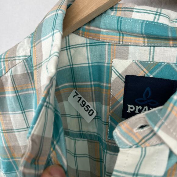 PRANA Shirt Mens L Benton Plaid Button Up Camp Organic Cotton Blend Blue NEW - Picture 15 of 15